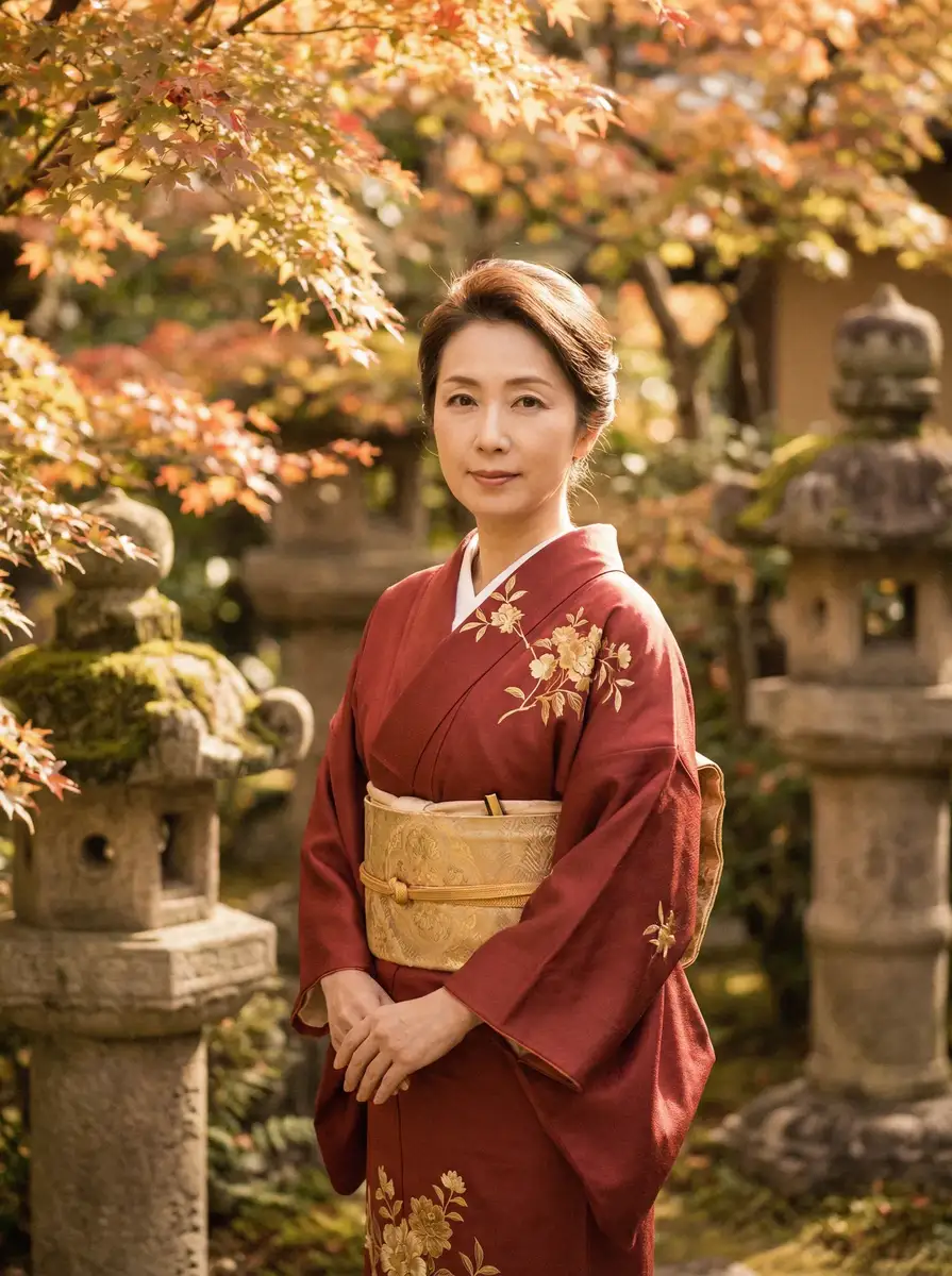 一位身穿暗红色和服的优雅 寸止挑战-创意挑战视频|每日更新|免费视频 在日式庭院中